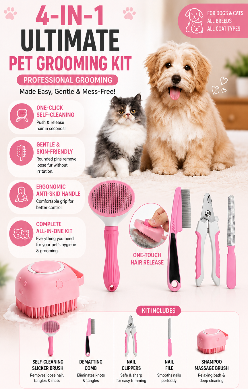 4-in-1 Ultimate Pet Grooming Kit &amp; Self-Cleaning Slicker Brush