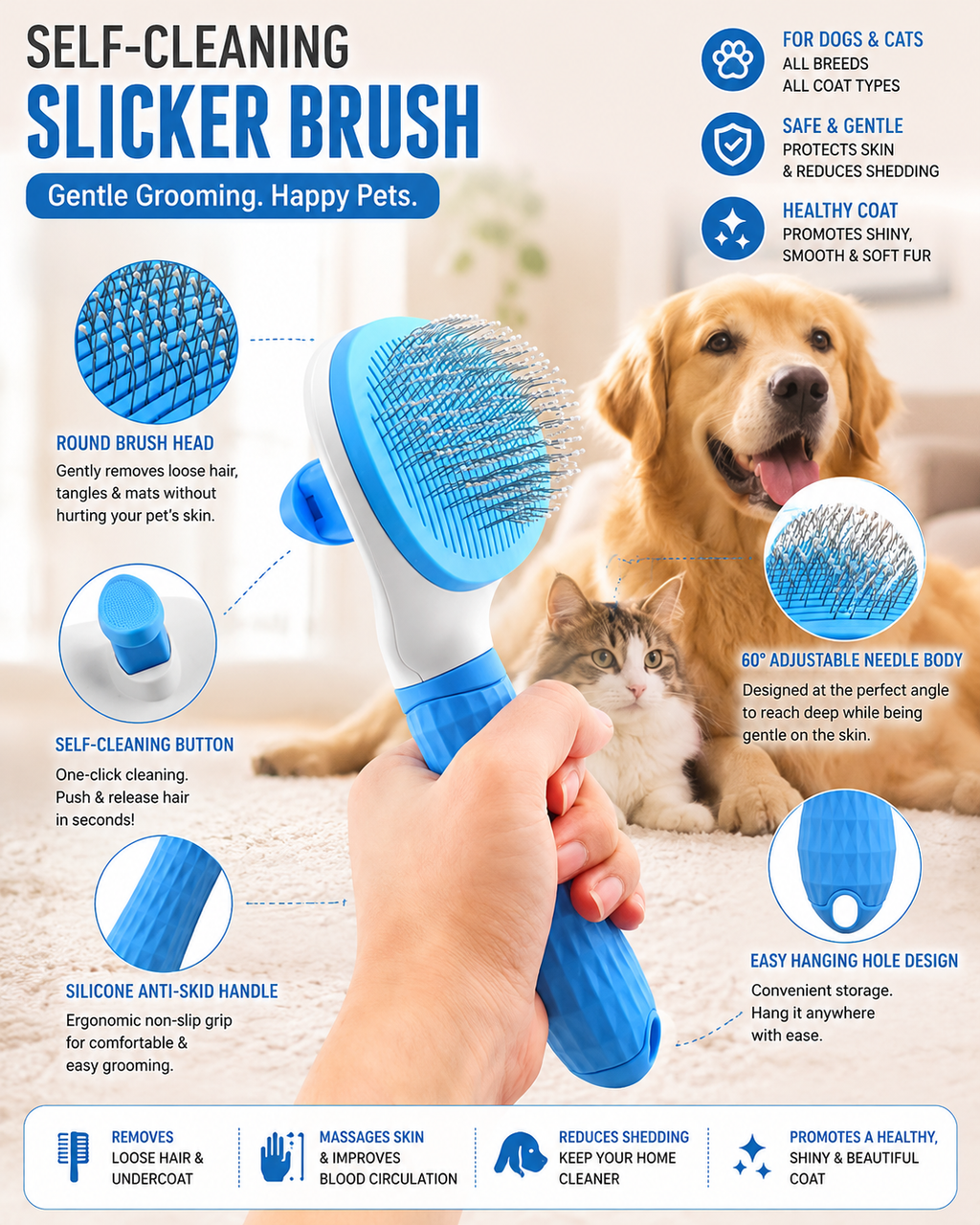 4-in-1 Ultimate Pet Grooming Kit &amp; Self-Cleaning Slicker Brush